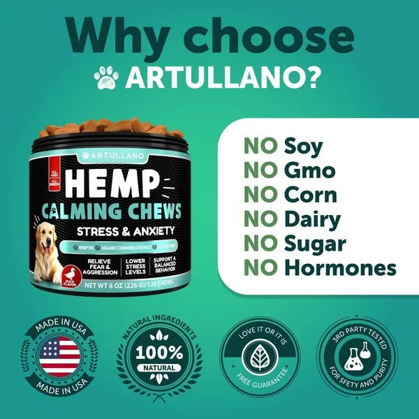 Hemp Calming Chews For Dogs Dog Anxiety Relief Treats With Hemp Oil Turmeric Valerian Ginger Health And Wellness Supplements For Dogs Hip And Joint Support 120 Treats