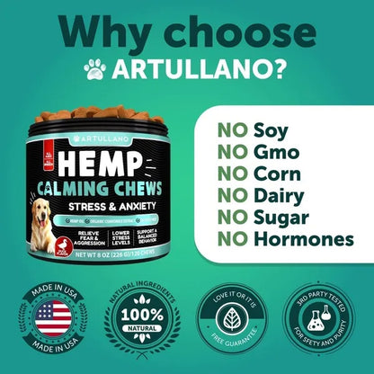 Hemp Calming Chews For Dogs Dog Anxiety Relief Treats With Hemp Oil Turmeric Valerian Ginger Health And Wellness Supplements For Dogs Hip And Joint Support 120 Treats